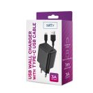 Setty USB-laturi + Type-C-kaapeli 1m 3A - Musta